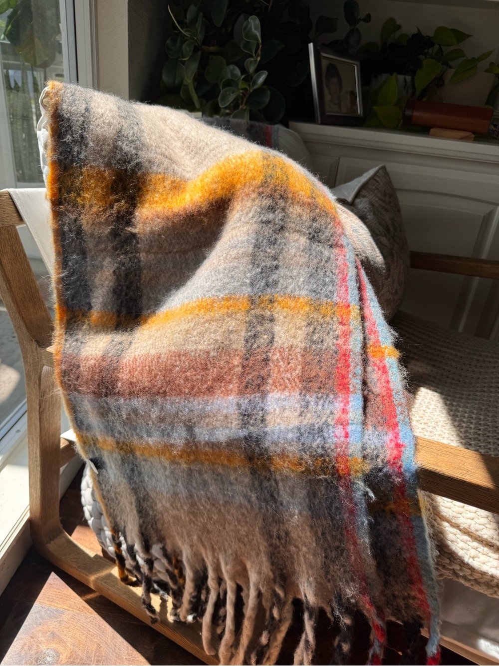 Cozy Plaid Blanket SCARF in Beige with Mustard and Gray Accents